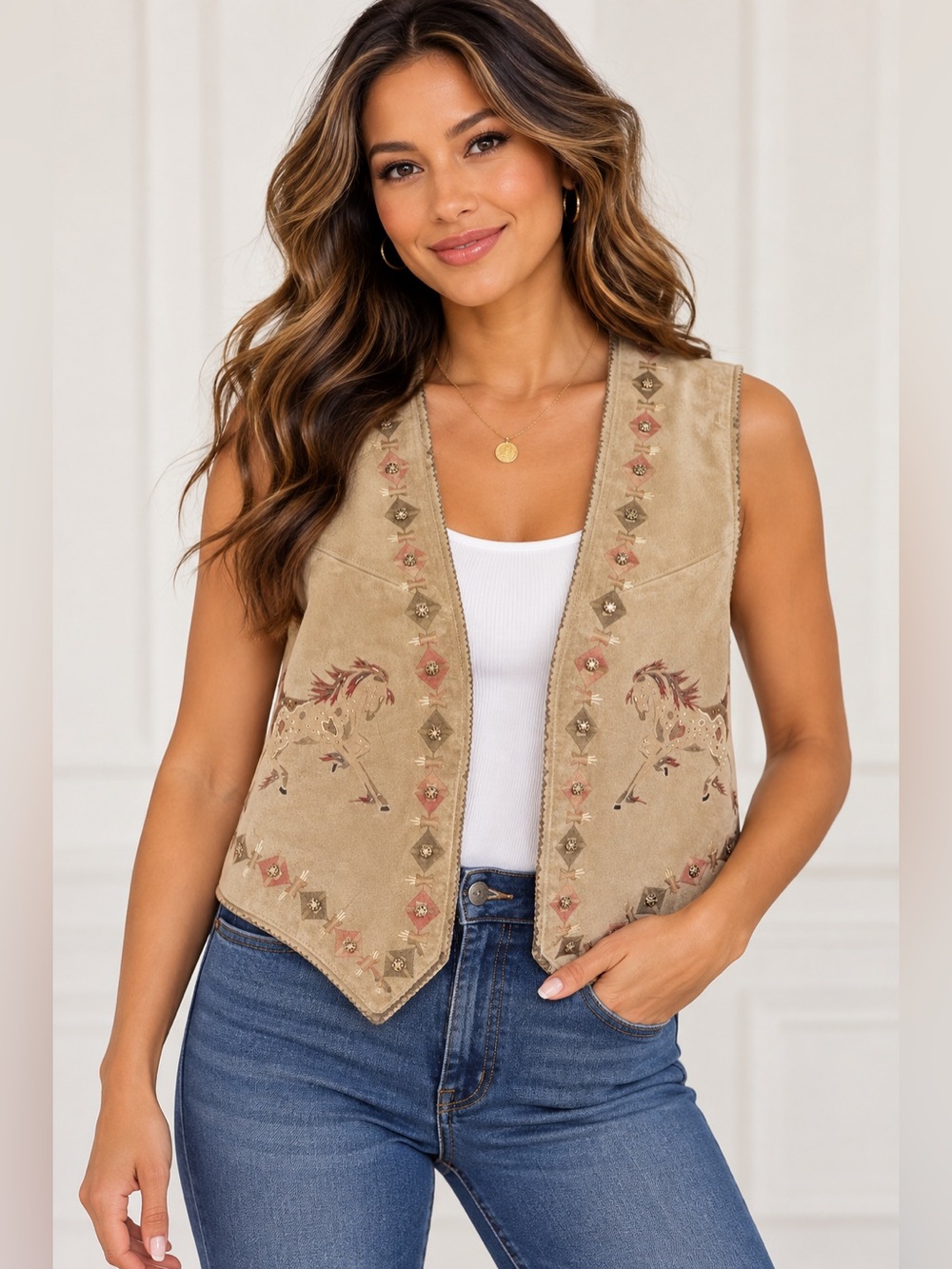 Vintage Patricia Wolf Suede Western Vest Embroidered Horses Southwestern Cowboy